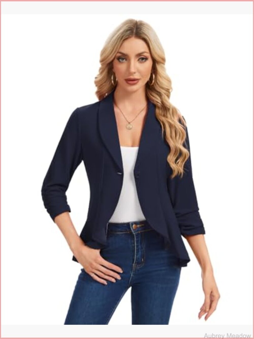 Casual Ruched 3/4 Sleeve Blazer Ruffle Hem Shawl Lapel One Button Jacket Suit - Picture 5 of 7